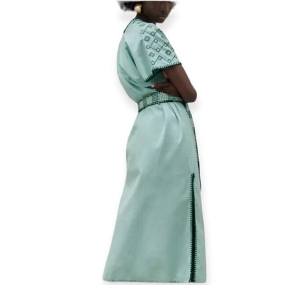 ZARA Bloggers Fav V- Neck Linen Embroidered Caftan Dress Tie Waist Size L NEW - Picture 7 of 13